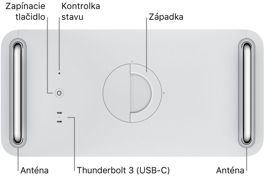 Vrchná strana Macu Pro so zapínacím tlačidlom, svetelným indikátorom systému, západkou, anténou a dvomi Thunderbolt 3 (USB-C) portami.