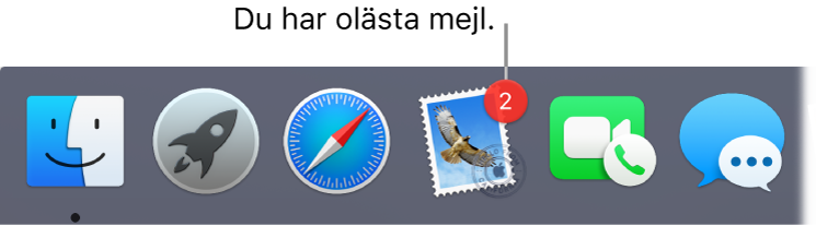 Ett område av Dock som visar programsymbolen för Mail med en bricka som anger antalet olästa mejl.