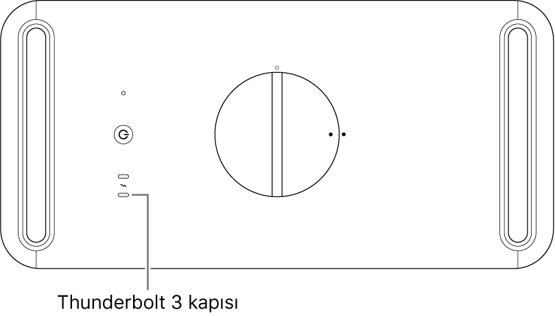 Kullanılacak doğru Thunderbolt 3 kapısının gösterildiği Mac Pro’nun üst kısmı.
