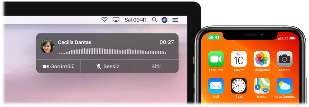 Sağ üst köşede arama bildirimi penceresini gösteren bir Mac ekranı ve iMac aracılığıyla aramanın sürmekte olduğunu gösteren bir iPhone.