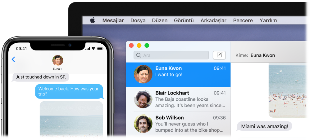 iPhone’da Mesajlar’da aynı yazışmayı gösteren, Mac’te açılmış Mesajlar uygulaması.