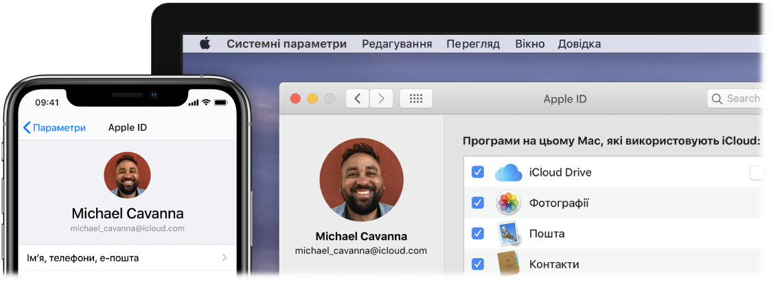 Пристрій iPhone із параметрами iCloud і екран Mac, на якому показано вікно iCloud.