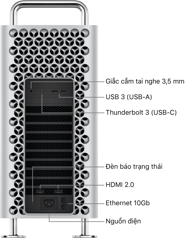 Một hình ảnh mặt bên của Mac Pro đang hiển thị giắc cắm tai nghe 3,5 mm, hai cổng USB-A, hai cổng Thunderbolt 3 (USB-C), một đèn báo trạng thái, hai cổng HDMI 2.0, hai cổng 10 Gigabit Ethernet và cổng Nguồn.