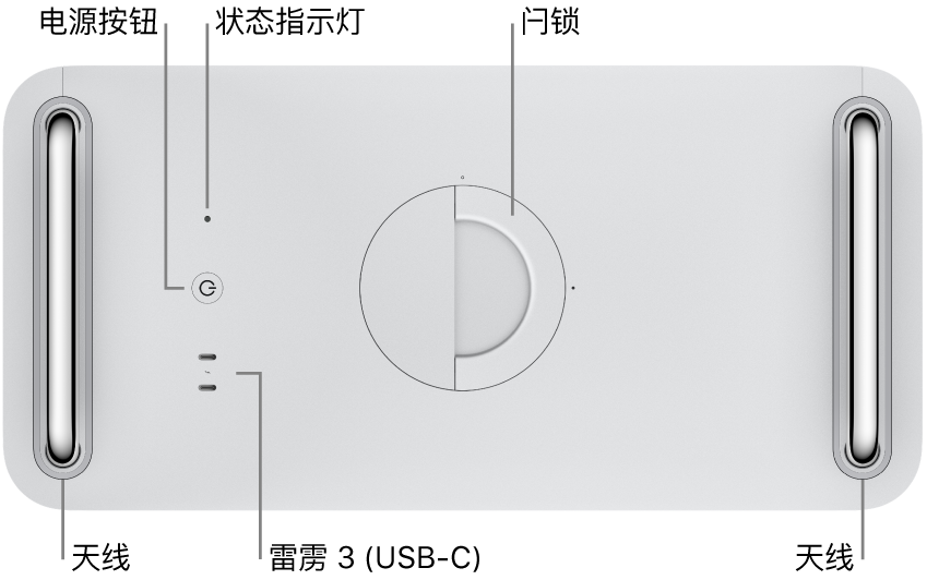 Mac Pro 的顶部，显示了电源按钮、系统指示灯、闩锁、天线和两个雷雳 3 (USB-C) 端口。