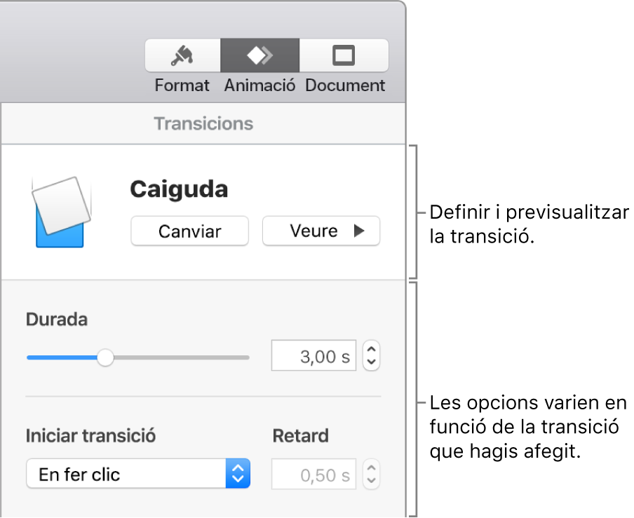 Els controls Transició de la secció Transicions de la barra lateral.