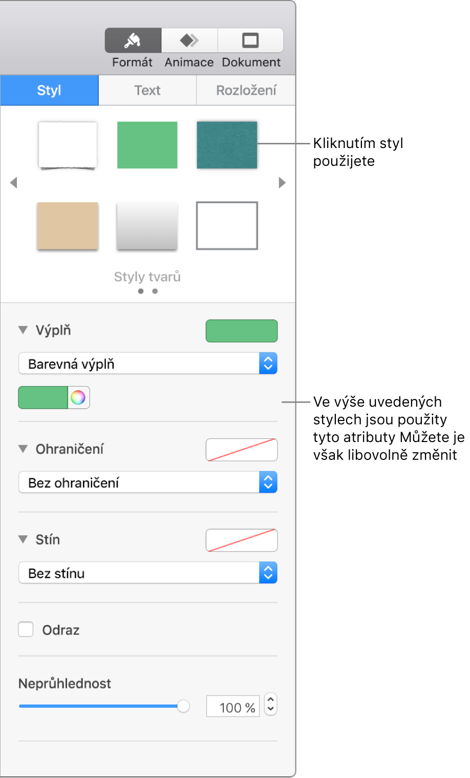 Styly a možnosti tvarů v části Formát na bočním panelu