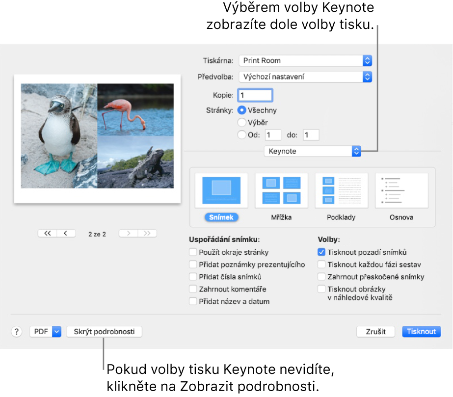 Dialogové okno Tisknout s výběrem aplikace Keynote v místní nabídce pod položkou Stránky. Pod ním je tiskové uspořádání pro snímek, mřížku, podklady a osnovu s výběrem volby Snímek. Pod tiskovým uspořádáním jsou zaškrtávací políčka pro zobrazení okrajů, zahrnutí poznámek prezentujícího, tisk obrázků v náhledové kvalitě a další volby.