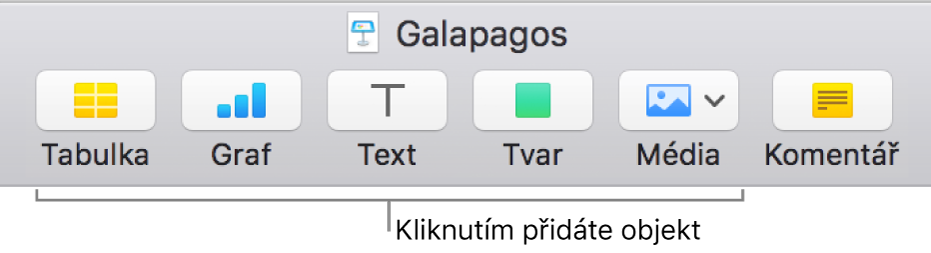 Panel nástrojů Keynote s tlačítky pro přidání objektu na snímek