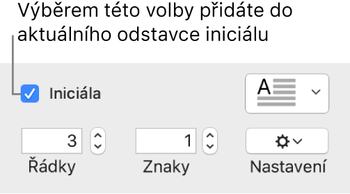 Je vidět zaškrtnuté políčko Iniciála a napravo od něj je místní nabídka; pod ní jsou ovládací prvky pro nastavení výšky řádku, počet znaků a další volby