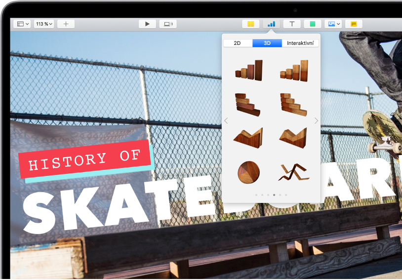 Nástrojový panel s tlačítky pro přidání tabulek, grafů, textových rámečků, tvarů a médií. Tlačítko Graf je vybrané a  pod ním se zobrazují tlačítka různých typů grafů – 2D, 3D a Interaktivní. Pod vybraným tlačítkem 3D se nacházejí volby grafu.