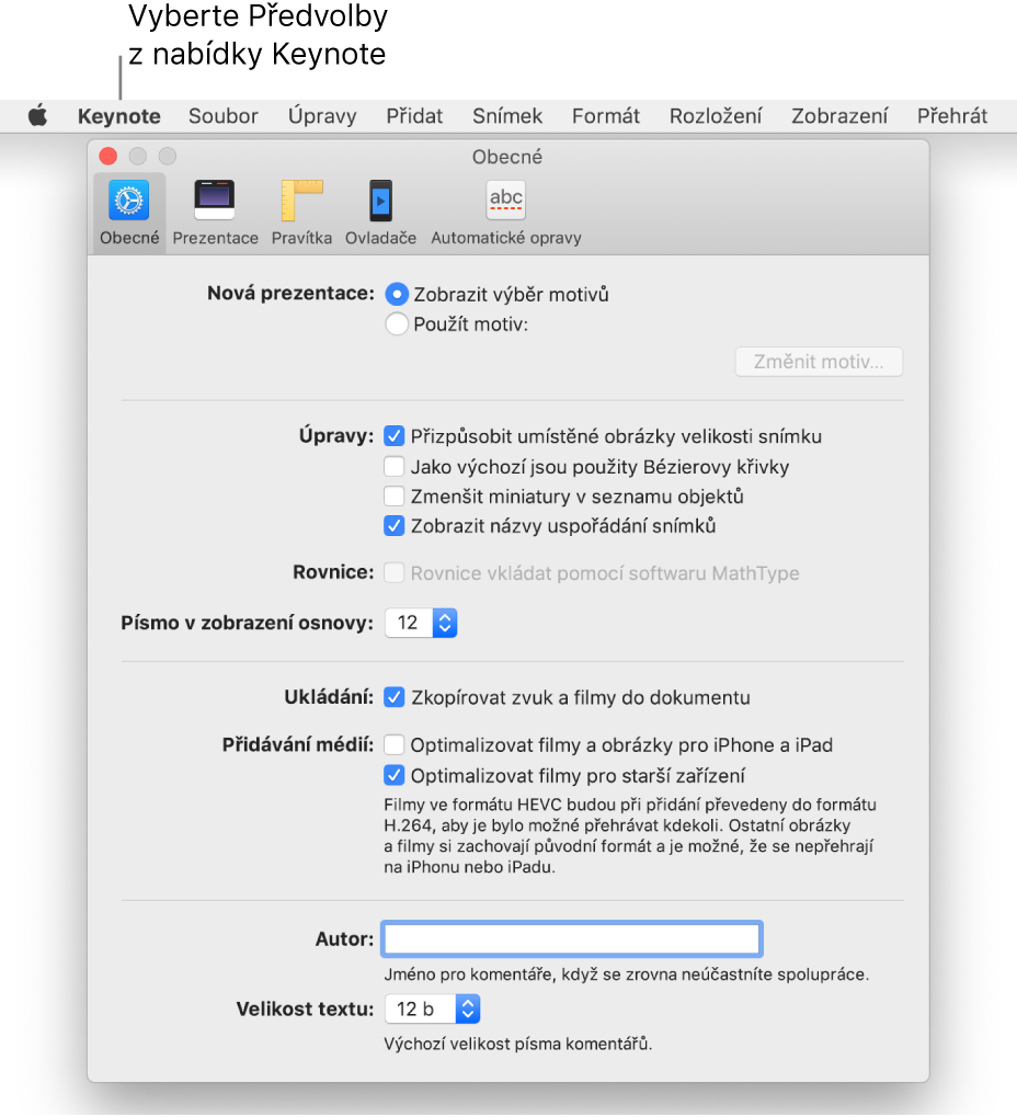 Okno předvoleb Keynote otevřené na panelu Obecné