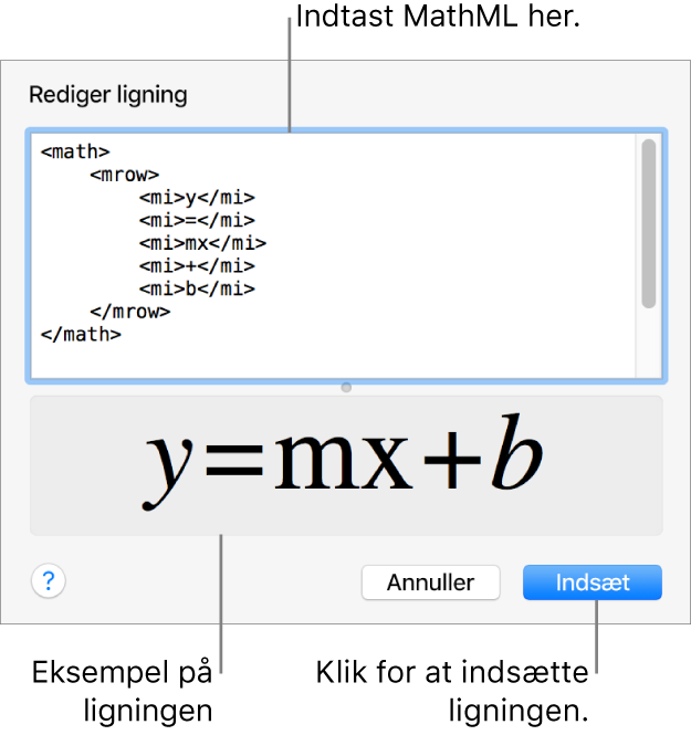 Ligningen til en linjes stigning i feltet Rediger ligning og derunder et eksempel på formlen.