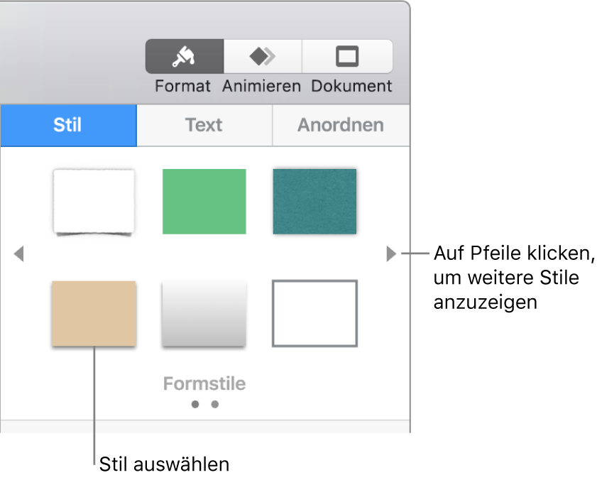Der Tab „Stil“ der Seitenleiste „Format“ mit sechs Objektstilen und Navigationspfeilen links und rechts daneben.