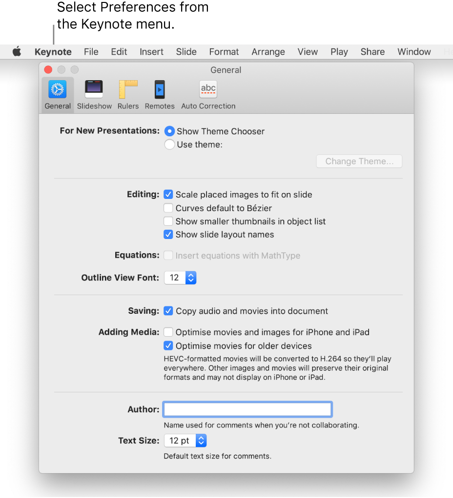 The Keynote preferences window open to the General pane.
