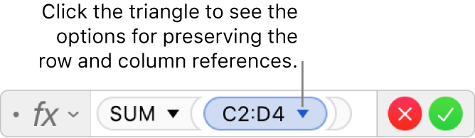 The Formula Editor showing how to preserve the row and column of a range of references.