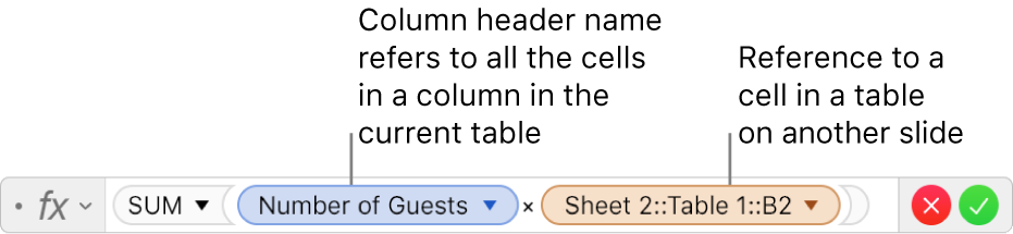 The Formula Editor showing a formula that refers to a column in one table and a cell in another table.
