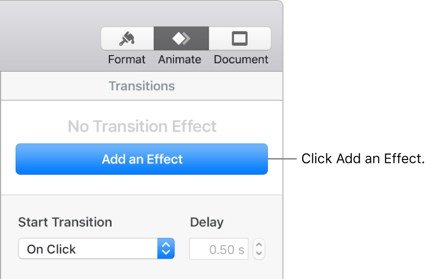 Add an Effect button in the Animate section of the sidebar.