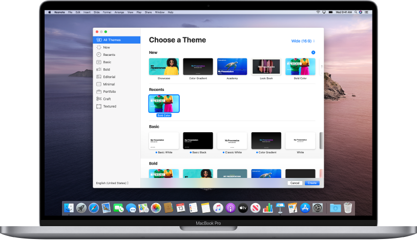 A MacBook Pro with the Keynote theme chooser open on the screen. The All Themes category is selected on the left and predesigned themes appear on the right in rows by category. The Language and Region pop-up menu is in the bottom-left corner and the Standard and Wide pop-up menu is in the top-right corner.