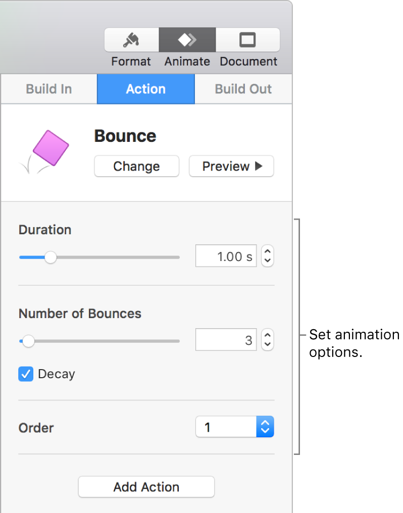 Action controls in the Animate section of the sidebar.