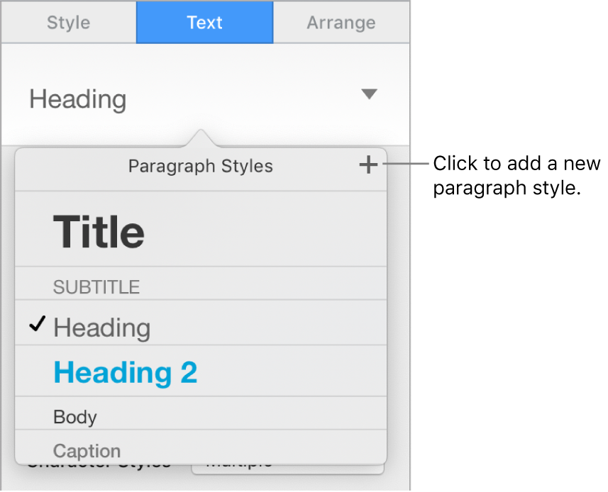 The Paragraph Styles menu with a callout to the New Style button.