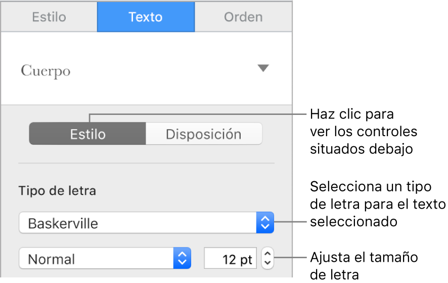Controles de texto de la sección Estilo de la barra lateral para ajustar el tamaño y el tipo de letra.