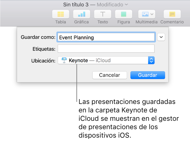 El cuadro de diálogo Guardar para una presentación en Keynote, con iCloud seleccionado en el menú desplegable Ubicación.