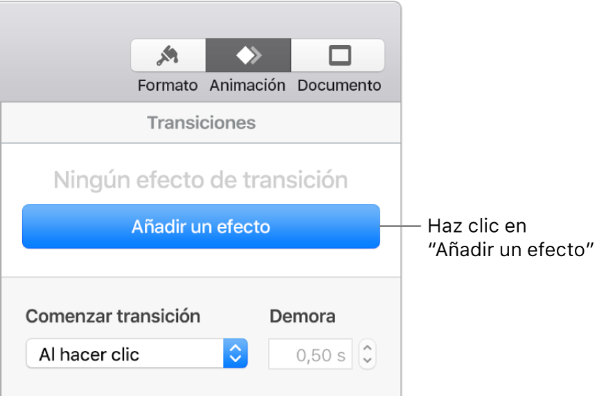 Botón “Añadir un efecto” en la sección Animación de la barra lateral.