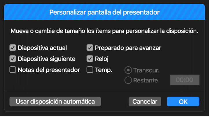 Cuadro de diálogo “Personalizar pantalla del presentador”.