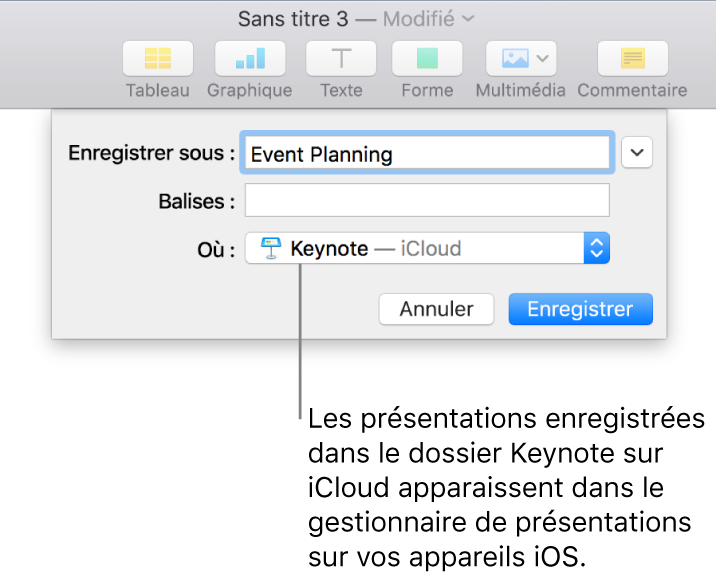 Zone de dialogue d’enregistrement d’une présentation avec Keynote (iCloud dans le menu contextuel Emplacement).