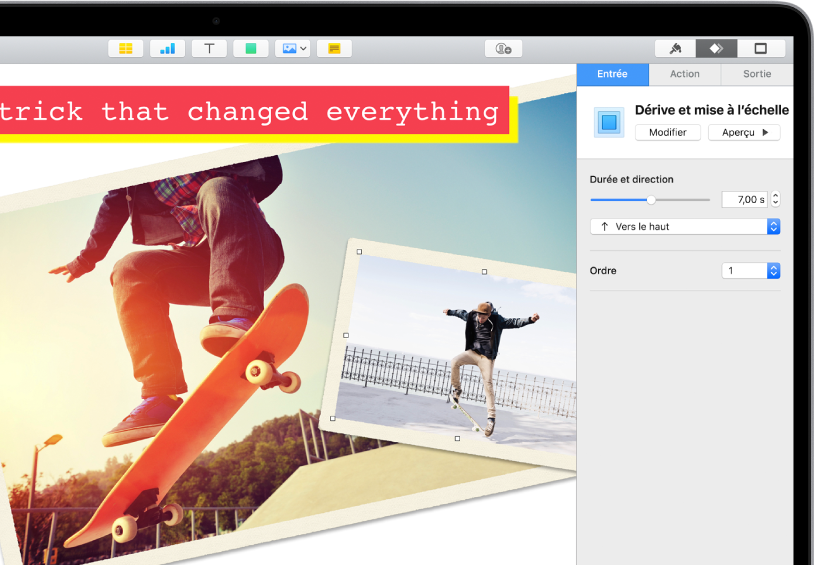 Les commandes Animation pour ajouter une animation à l’image sélectionnée. Les boutons Entrée, Action et Sortie se trouvent en haut de la barre latérale. L’option Entrée est sélectionnée et affiche les commandes pour les effets Dérive et Échelle.