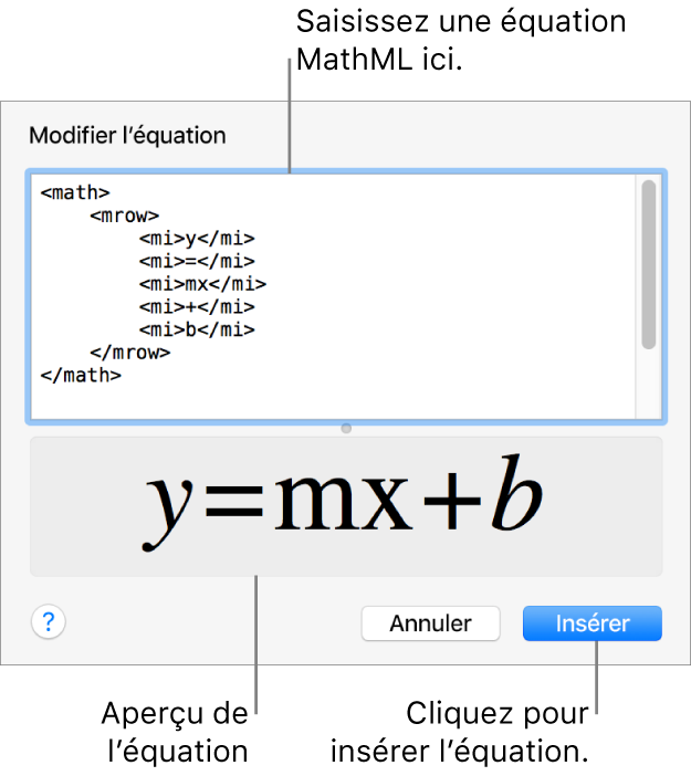 Équation de la pente d’une droite dans le champ Modifier l’équation et aperçu de la formule en dessous.