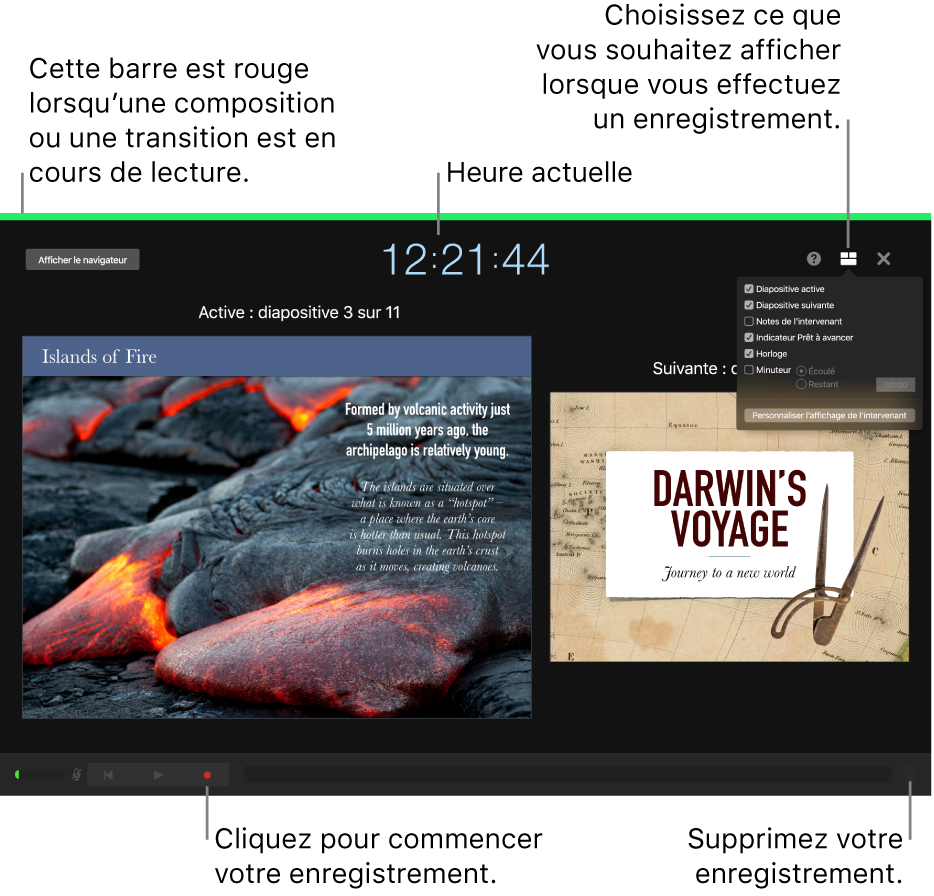 Capture d’écran du mode d’enregistrement de voix sur l’écran de l’intervenant. Les commandes de la diapositive actuelle et de la suivante, de l’heure actuelle et de l’écran de l’intervenant sont affichées. La commande de démarrage et d’arrêt de l’enregistrement, ainsi que la commande de suppression de l’enregistrement s’affichent en bas de l’écran.