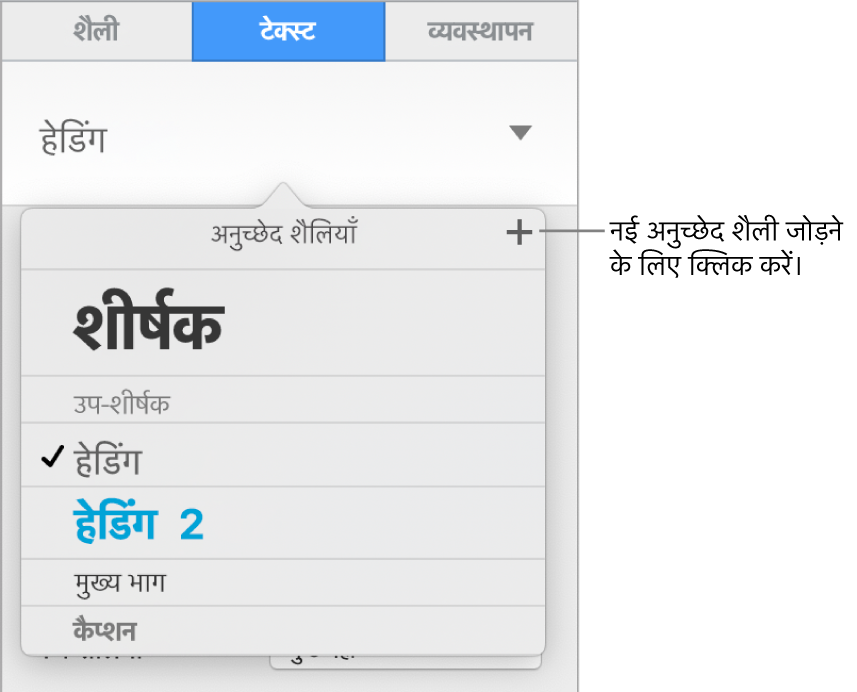 “नई शैली” बटन के कॉलआउट वाला “अनुच्छेद शैलियाँ” मेनू।