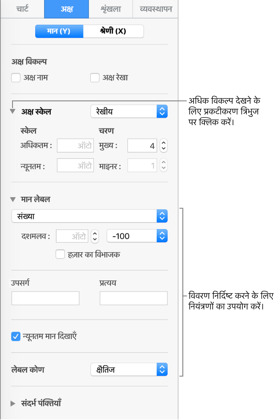 चार्ट अक्ष चिह्नों के फ़ॉर्मैट के लिए नियंत्रण।