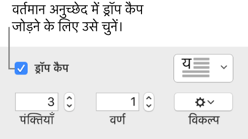 ड्रॉप कैप चेकबॉक्स चुना जाता है, और उसके दाईं ओर पॉप-अप मेनू दिखाई देता है; पंक्ति ऊँचाई, वर्णों की संख्या के नियंत्रण और अन्य विकल्प उसके नीचे दिखाई देते हैं।