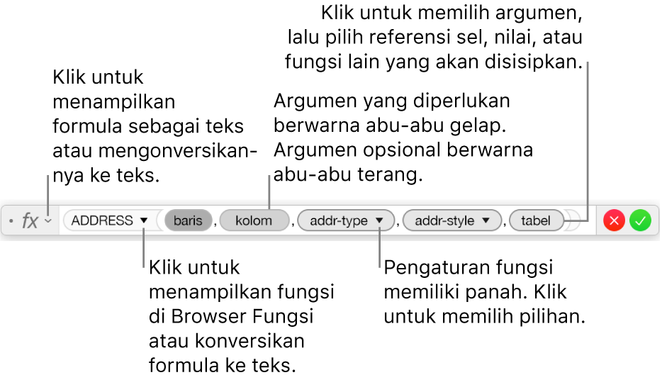 Editor formula menampilkan fungsi ADDRESS dan argumen tokennya.