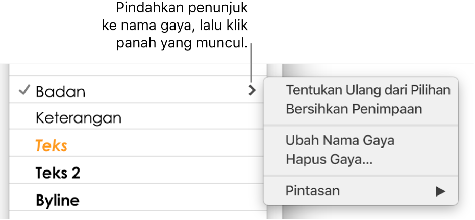 Menu Gaya Paragraf dengan menu pintasan yang terbuka.