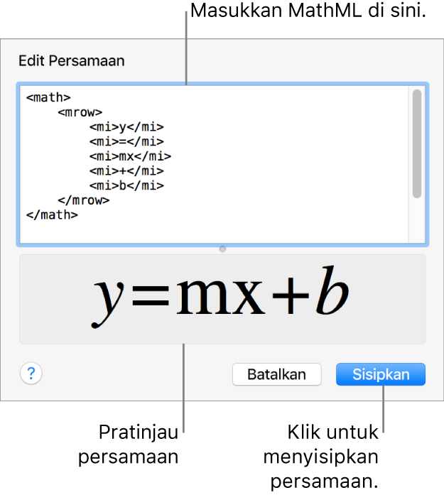 Persamaan untuk kemiringan garis di bidang Edit Persamaan, dan pratinjau formula di bawah.