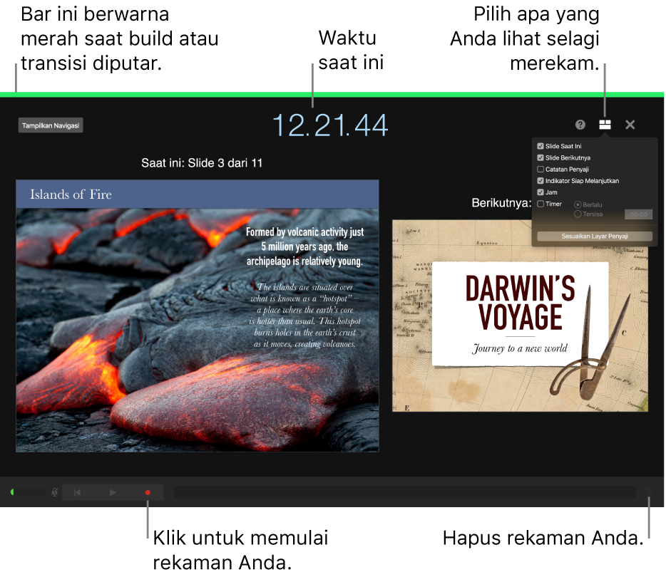 Jepretan layar dari mode rekaman video pada tampilan penyaji. Slide saat ini dan berikutnya, waktu saat ini, dan kontrol tampilan penyaji dapat dilihat. Kontrol untuk memulai dan mengakhiri rekaman dan kontrol untuk menghapus rekaman yang muncul di dekat bagian bawah tampilan.