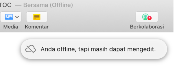 Tanda seru muncul di tombol bar alat dan peringatan di layar bertuliskan “Anda offline tapi masih dapat mengedit”.