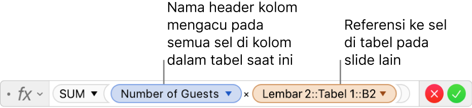Editor Formula menampilkan formula yang merujuk pada kolom di satu tabel dan sel di tabel lain.