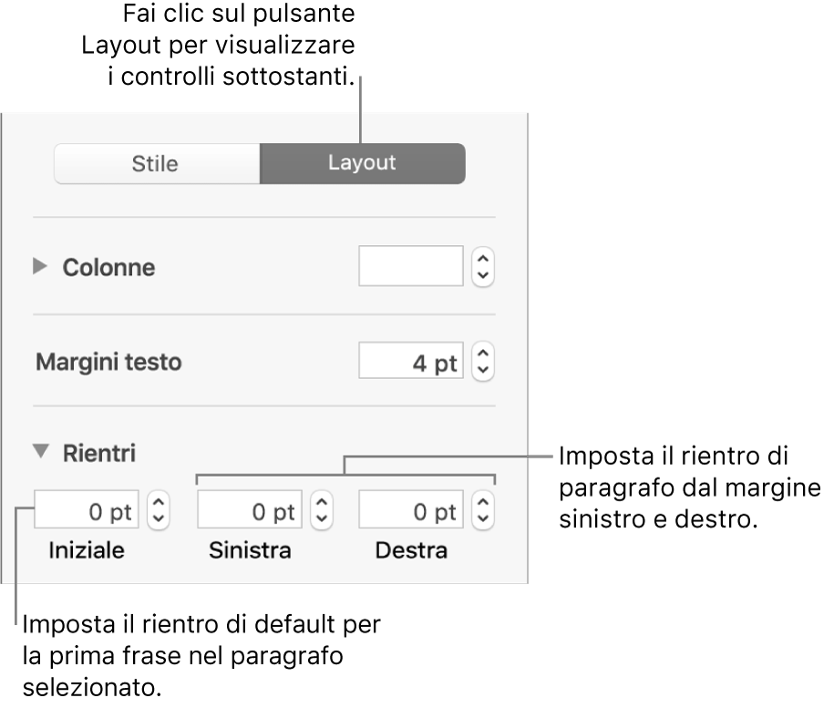 Sezione Layout della barra laterale Formattazione con i controlli per impostare il rientro della prima riga e i margini dei paragrafi.
