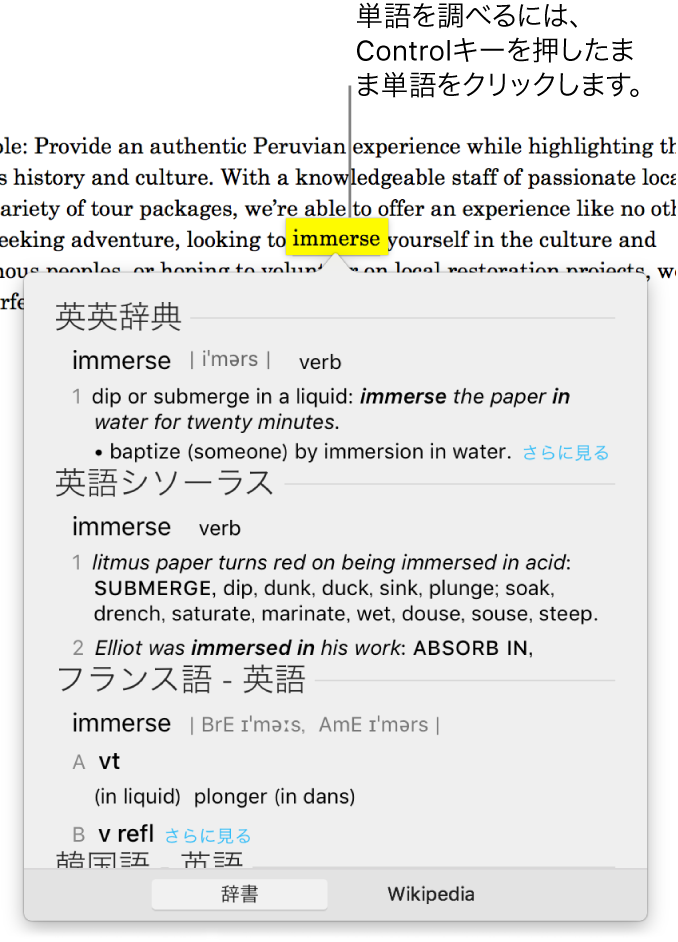 単語がハイライトされたテキストと、単語の定義とシソーラスのエントリーが表示されたウインドウ。ウインドウの下部にある2つのボタンは、辞書とWikipediaへのリンクになっています。