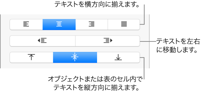 「フォーマット」ボタンの「配置」セクション。テキスト配置ボタンのコールアウトが表示された状態。