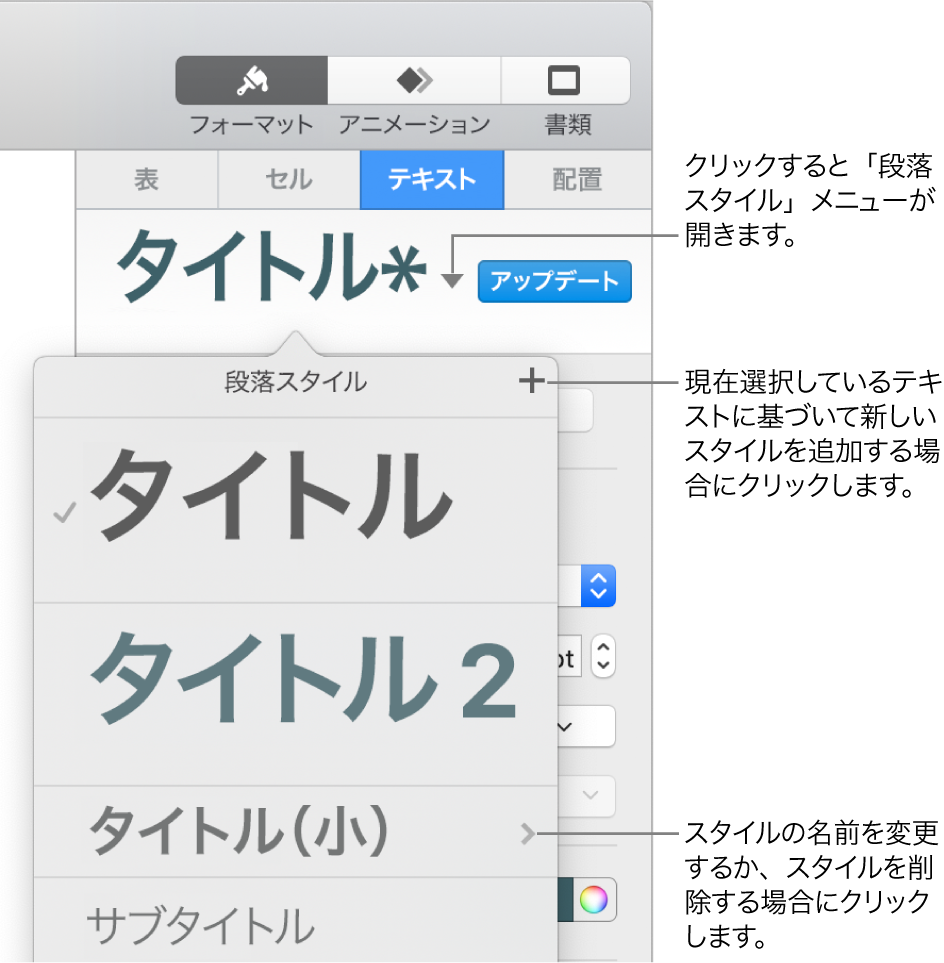 「段落スタイル」メニュー。スタイルを追加または変更するためのコントロールが表示された状態。