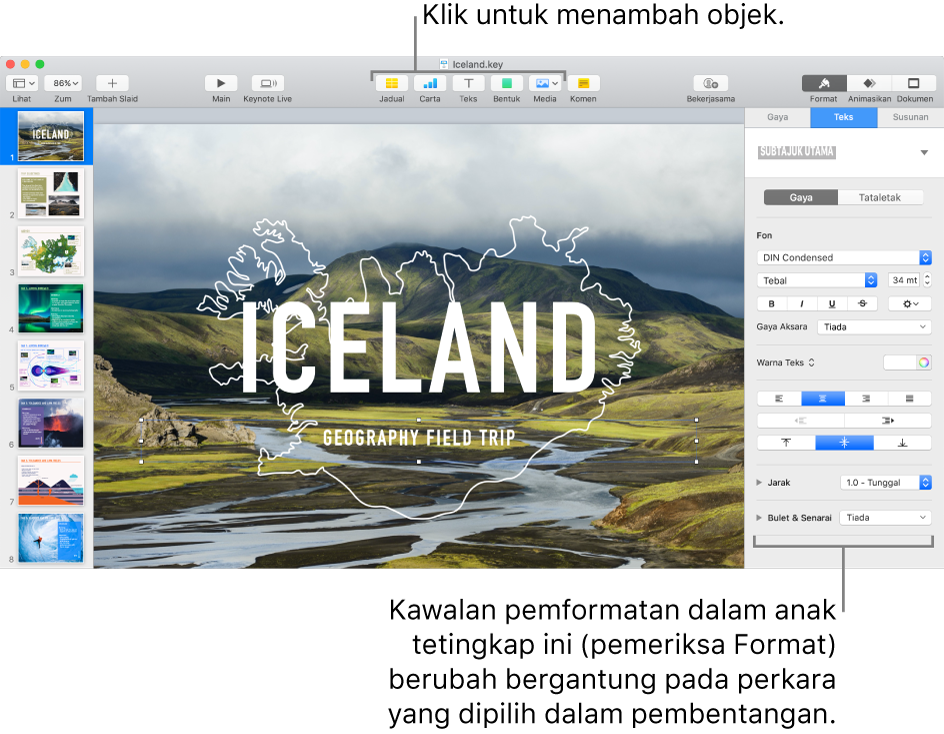 Tetingkap Keynote dengan penavigasi slaid terbuka di bahagian kiri dan pemeriksa Format terbuka di bahagian kanan.