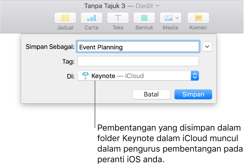 Dialog Simpan untuk pembentangan dengan Keynote—iCloud dalam menu timbul Tempat.