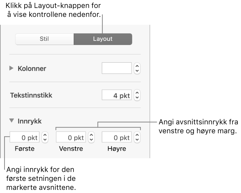 Layout-delen i Format-sidepanelet, som viser kontroller for å angi innrykk for første linje og avsnittsmarger.