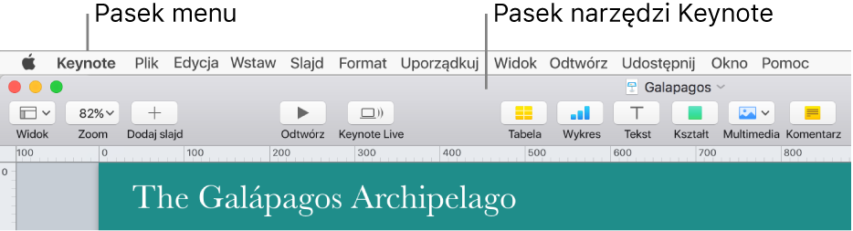 Pasek menu na górze ekranu, zawierający menu Apple, Keynote, Plik, Edycja, Wstaw, Format, Uporządkuj, Widok, Udostępnij, Okno oraz Pomoc. Poniżej paska menu widoczna jest otwarta prezentacja Keynote, zawierająca w górnej części pasek narzędzi z przyciskami Widok, Zoom, Dodaj slajd, Odtwórz, Keynote Live, Tabela, Wykres, Tekst, Kształt, Multimedia oraz Komentarz.