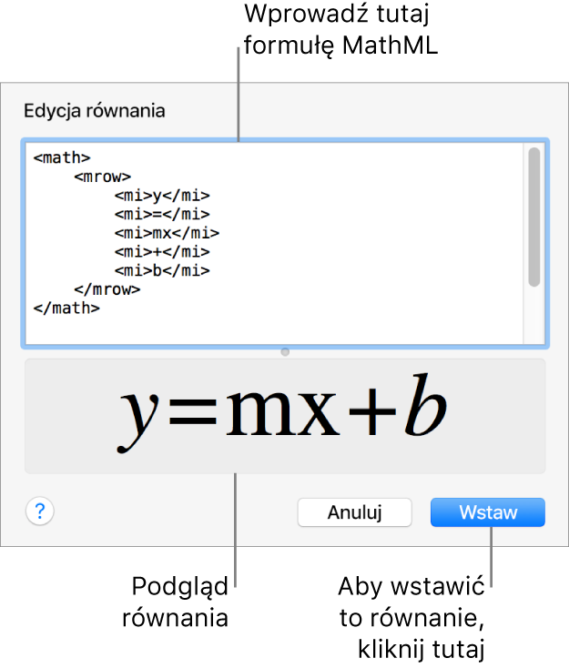 Równanie nachylenia linii zapisane w polu Edycja równania oraz podgląd tego równania poniżej.